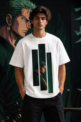 White oversized t-shirt with Roronoa Zoro One Piece anime in dark green vertical panels, anime streetwear India