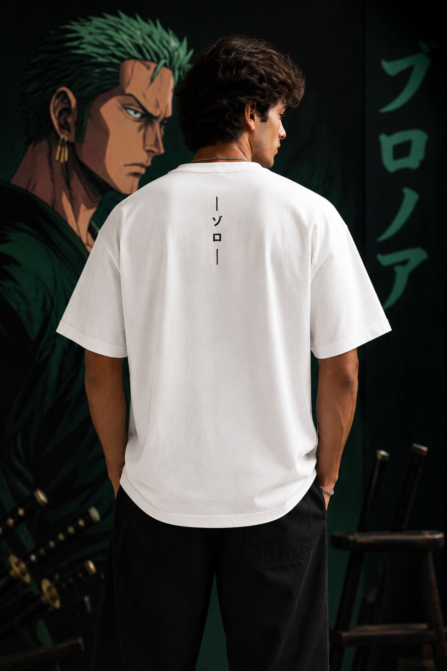 White oversized t-shirt with Roronoa Zoro One Piece anime in dark green vertical panels, anime streetwear India