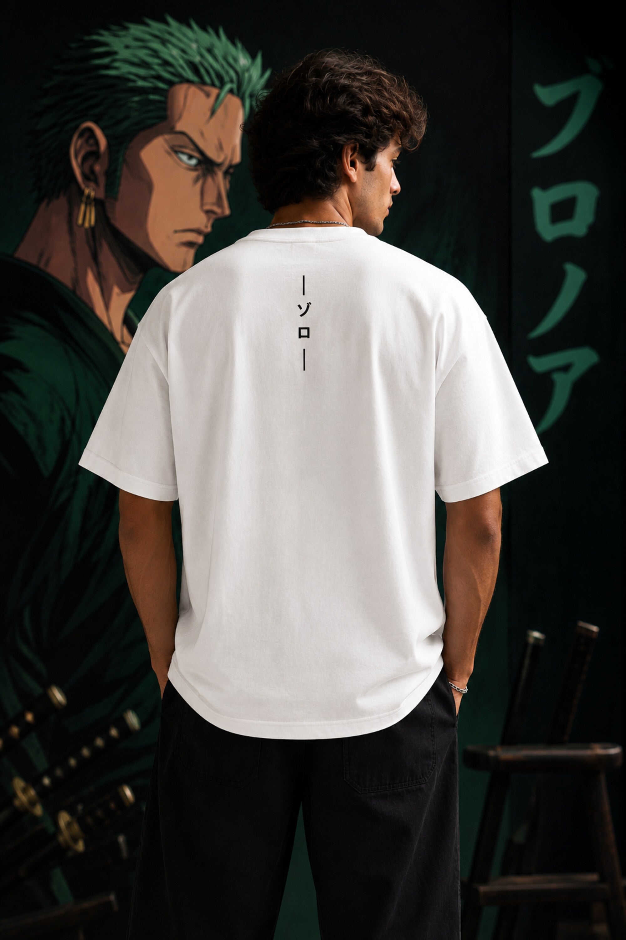 White oversized t-shirt with Roronoa Zoro One Piece anime in dark green vertical panels, anime streetwear India