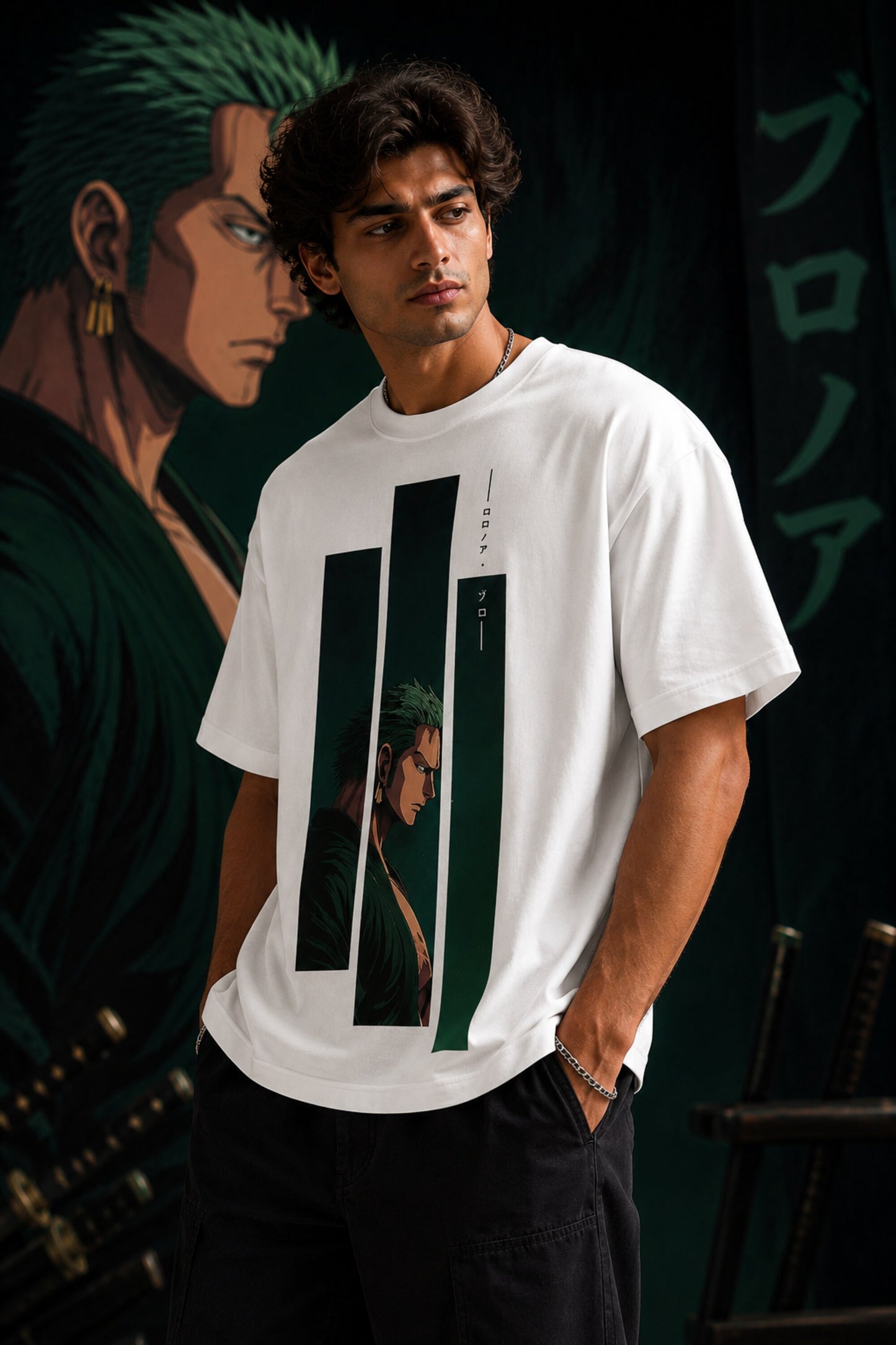 White oversized t-shirt with Roronoa Zoro One Piece anime in dark green vertical panels, anime streetwear India