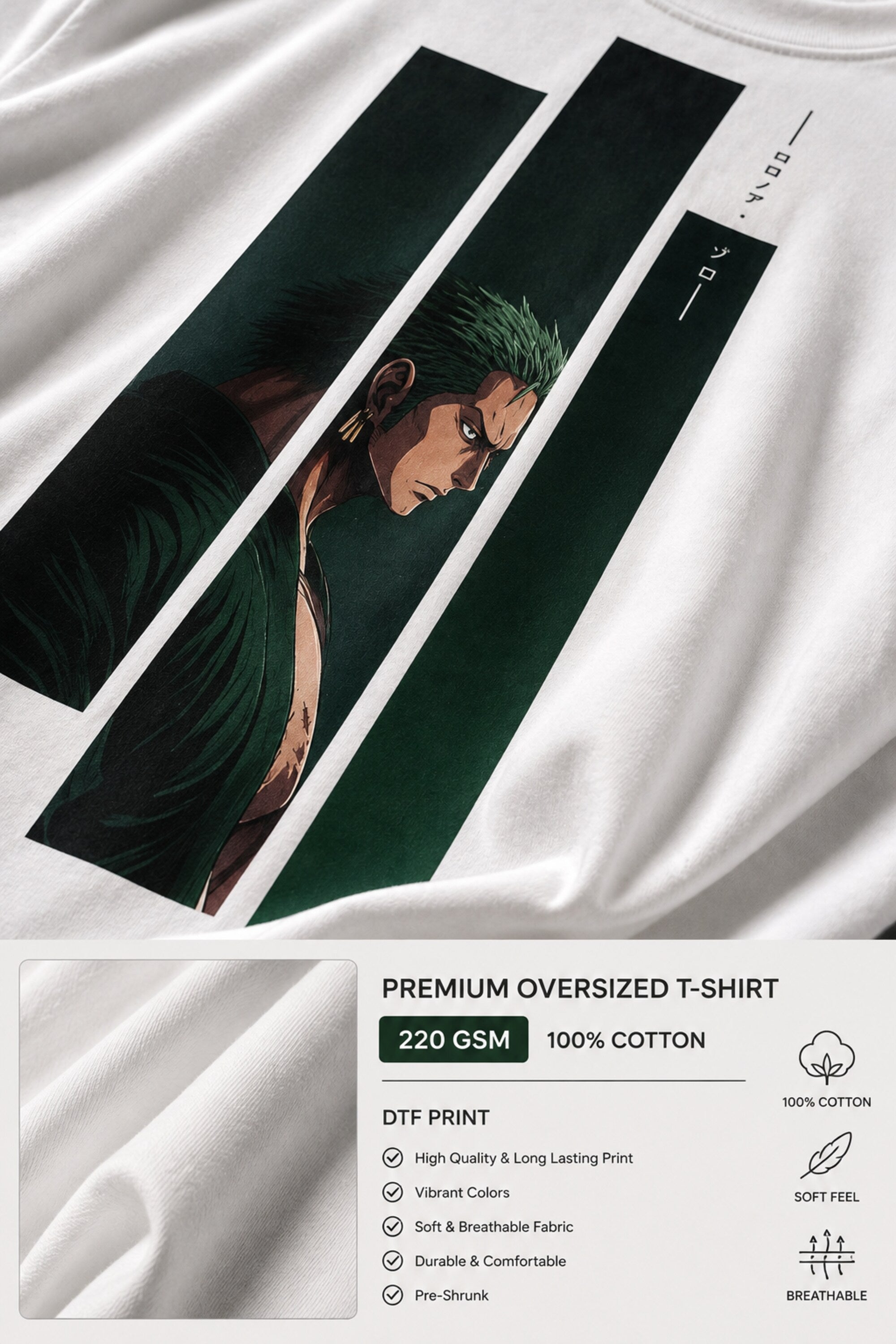 White oversized t-shirt with Roronoa Zoro One Piece anime in dark green vertical panels, anime streetwear India