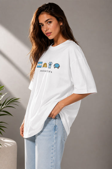 POPCASE Argentina white oversized t shirt with pixel icon cultural graphic flag football jersey empanada accordion streetwear