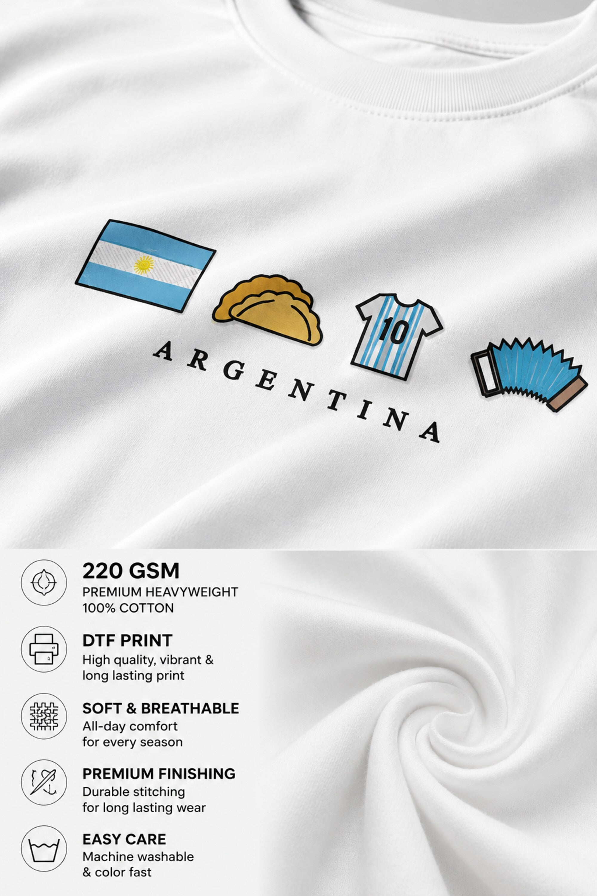 POPCASE Argentina white oversized t shirt with pixel icon cultural graphic flag football jersey empanada accordion streetwear