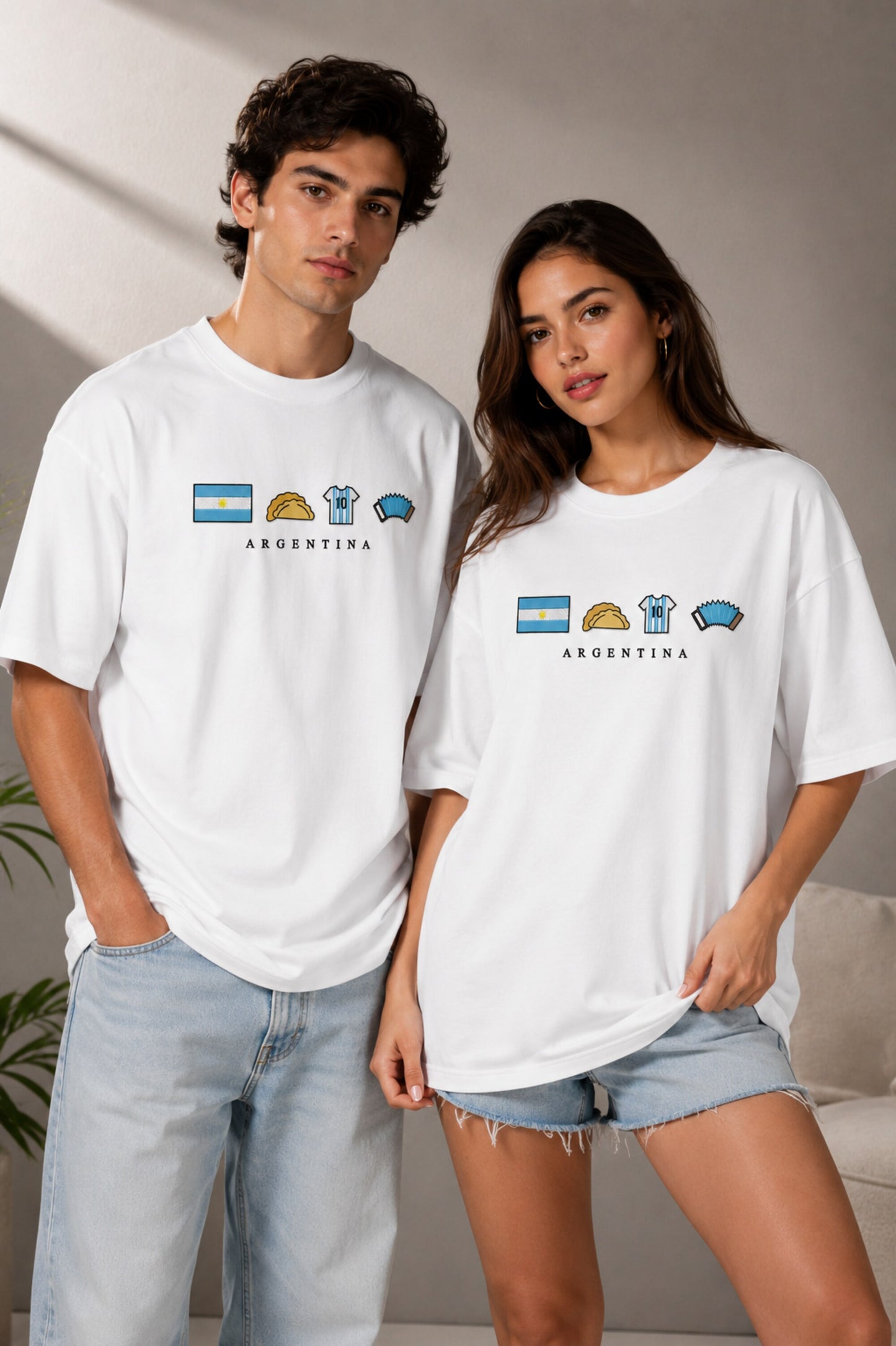 POPCASE Argentina white oversized t shirt with pixel icon cultural graphic flag football jersey empanada accordion streetwear