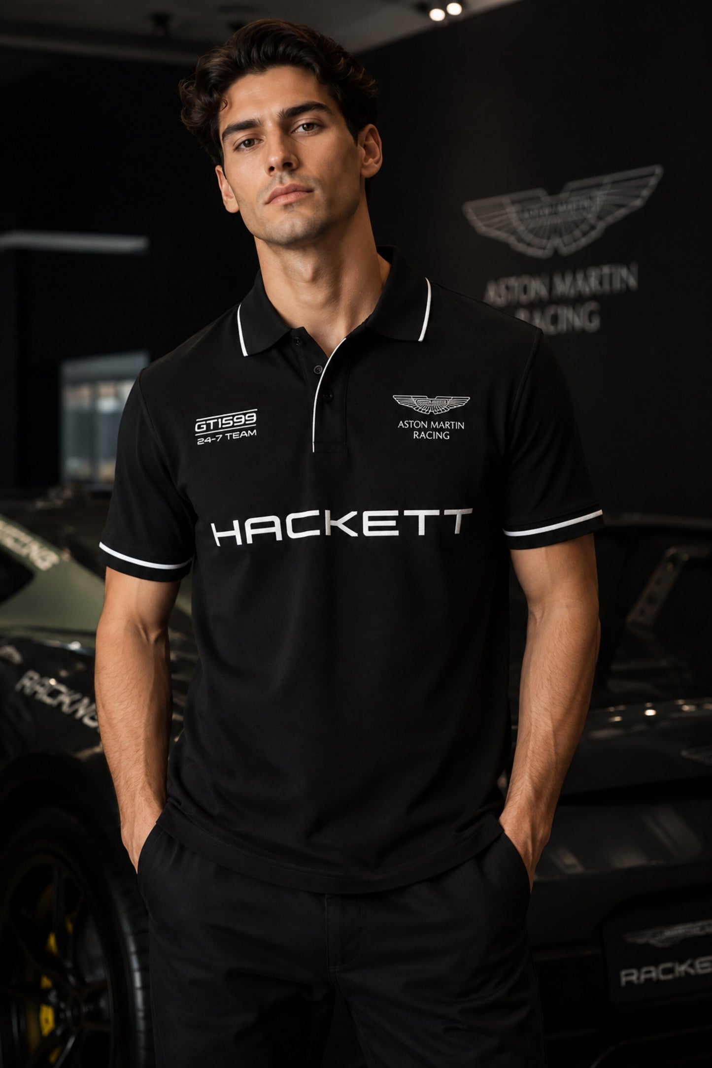 Black Aston Martin Racing polo t-shirt with Hackett branding, racing badge and white tipped collar, motorsport India - black