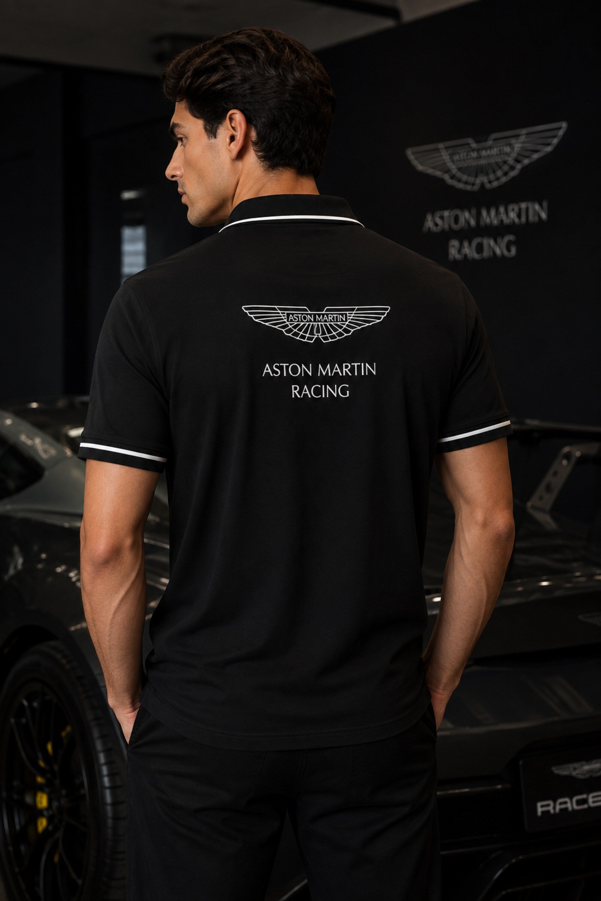 Black Aston Martin Racing polo t-shirt with Hackett branding, racing badge and white tipped collar, motorsport India