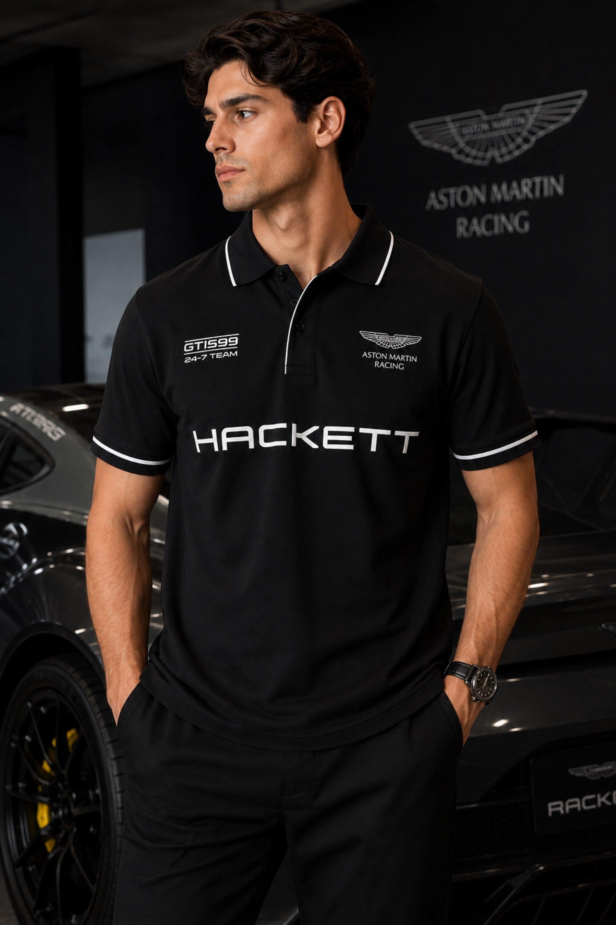 Black Aston Martin Racing polo t-shirt with Hackett branding, racing badge and white tipped collar, motorsport India