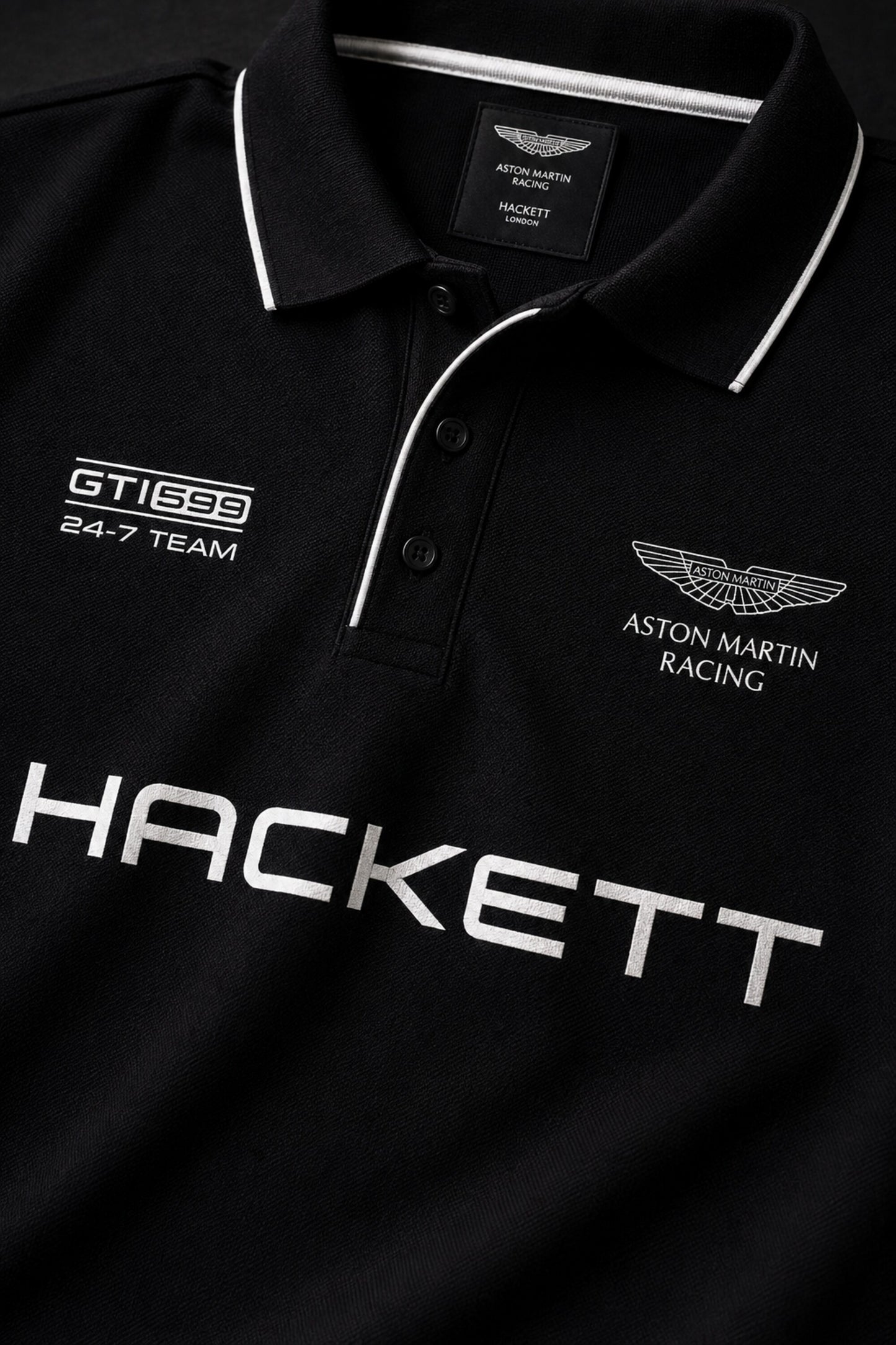 Black Aston Martin Racing polo t-shirt with Hackett branding, racing badge and white tipped collar, motorsport India