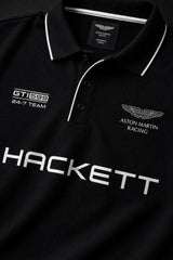 Black Aston Martin Racing polo t-shirt with Hackett branding, racing badge and white tipped collar, motorsport India