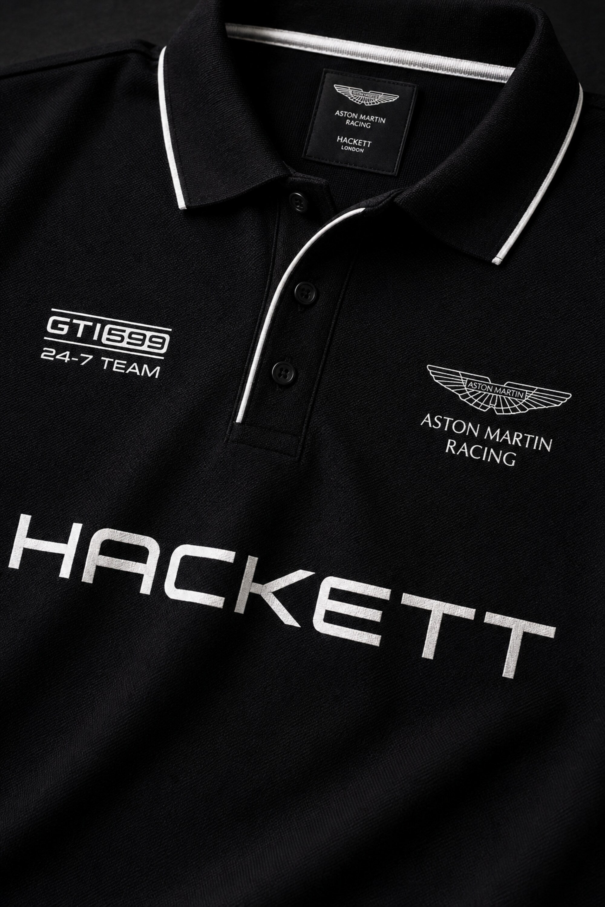 Black Aston Martin Racing polo t-shirt with Hackett branding, racing badge and white tipped collar, motorsport India