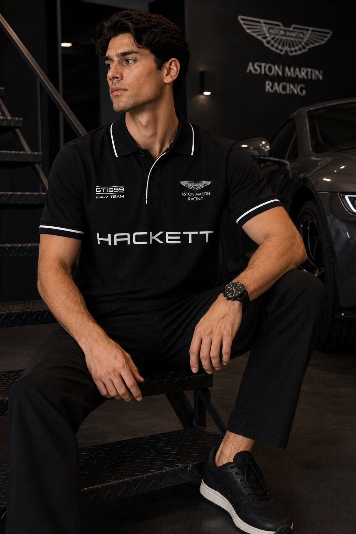 Black Aston Martin Racing polo t-shirt with Hackett branding, racing badge and white tipped collar, motorsport India