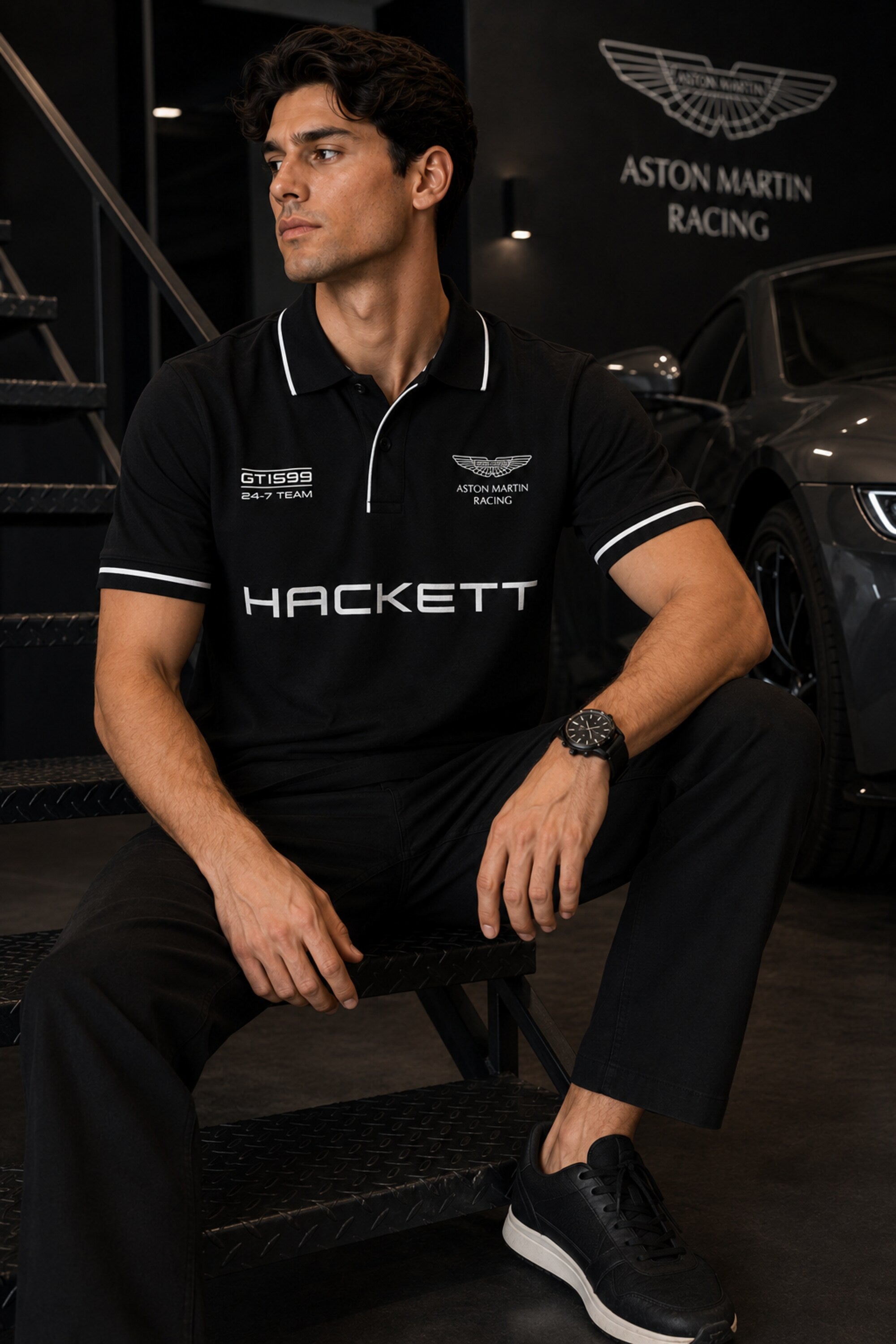 Black Aston Martin Racing polo t-shirt with Hackett branding, racing badge and white tipped collar, motorsport India
