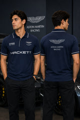Black Aston Martin Racing polo t-shirt with Hackett branding, racing badge and white tipped collar, motorsport India - blue