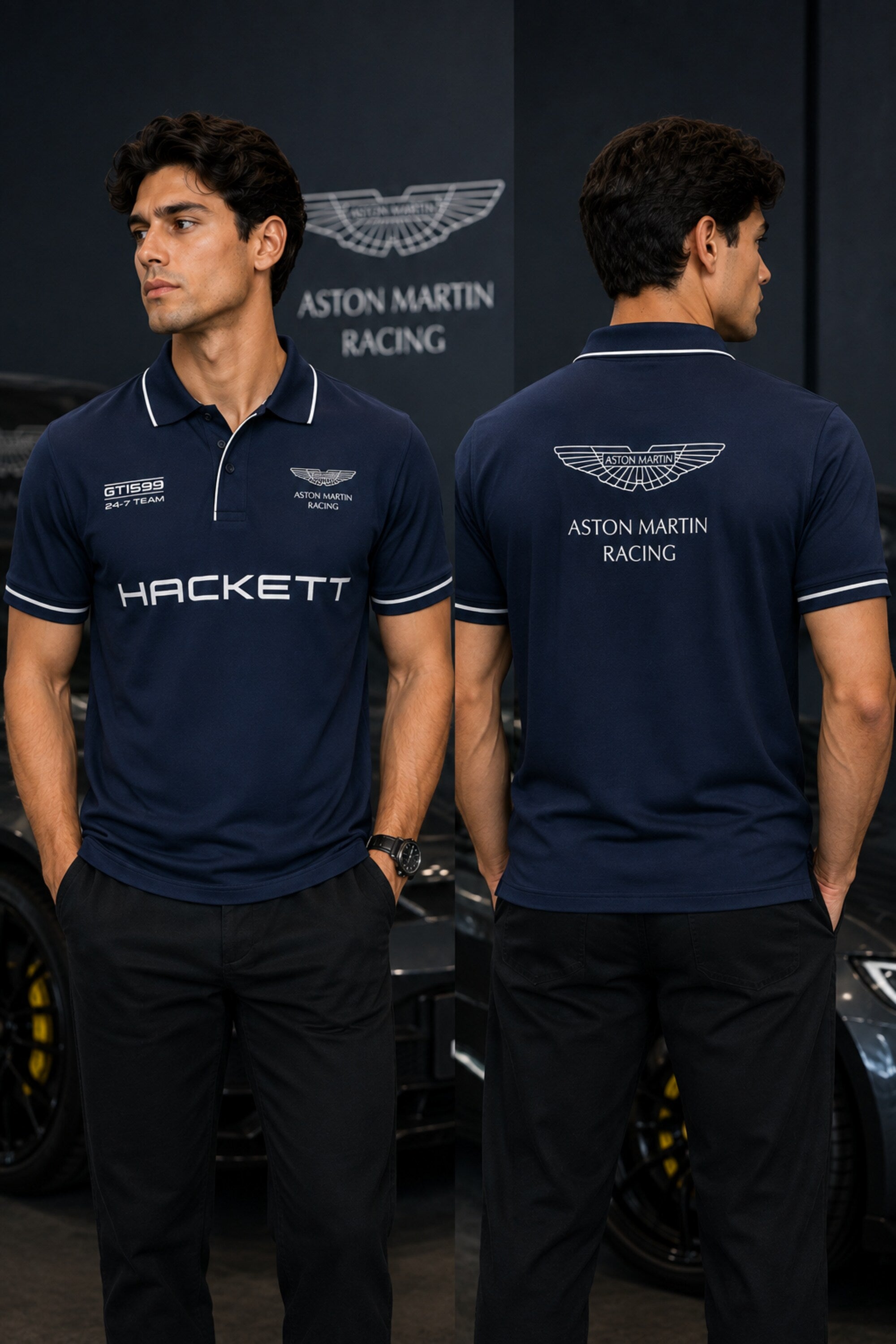 Black Aston Martin Racing polo t-shirt with Hackett branding, racing badge and white tipped collar, motorsport India - blue