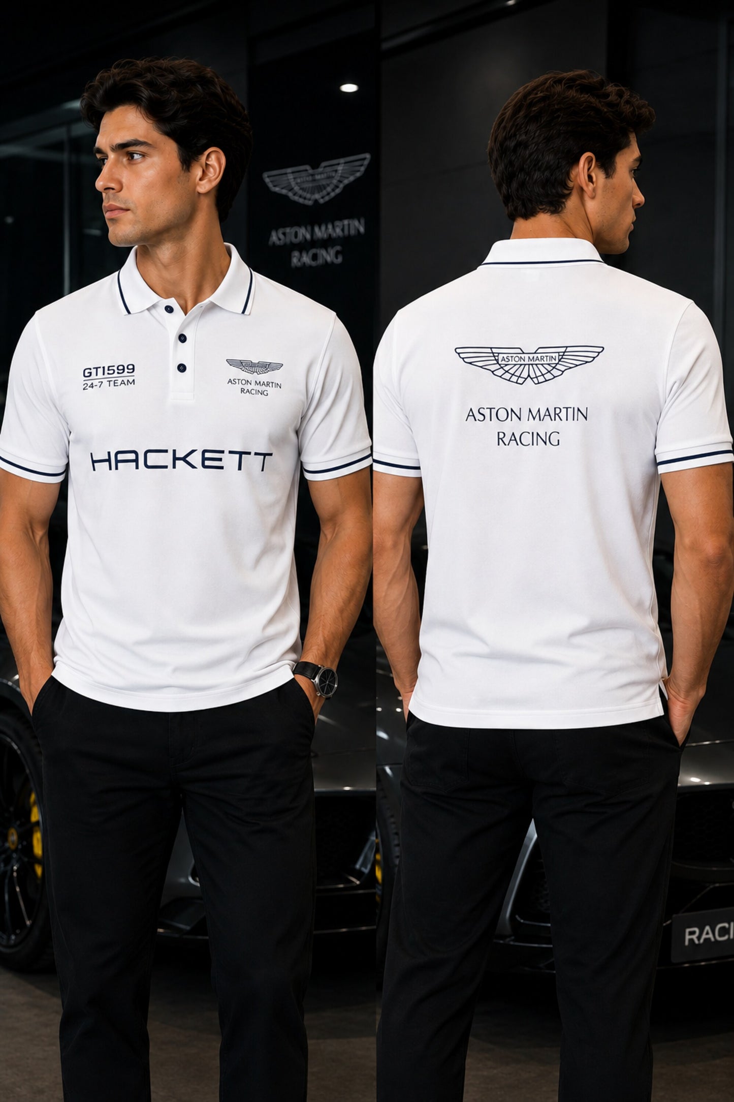 Black Aston Martin Racing polo t-shirt with Hackett branding, racing badge and white tipped collar, motorsport India - white
