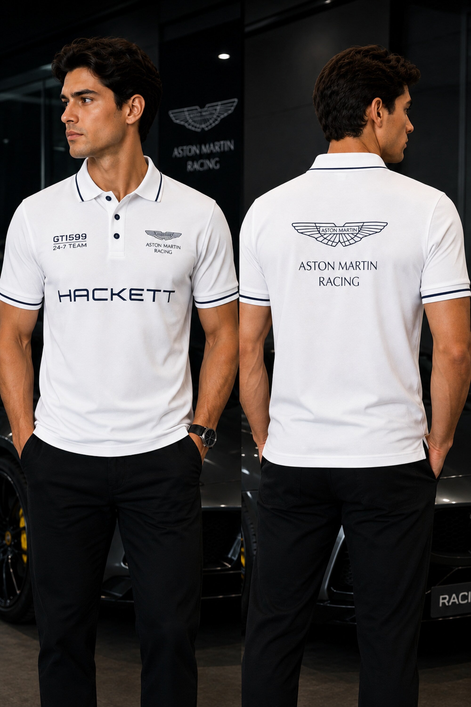 Black Aston Martin Racing polo t-shirt with Hackett branding, racing badge and white tipped collar, motorsport India - white