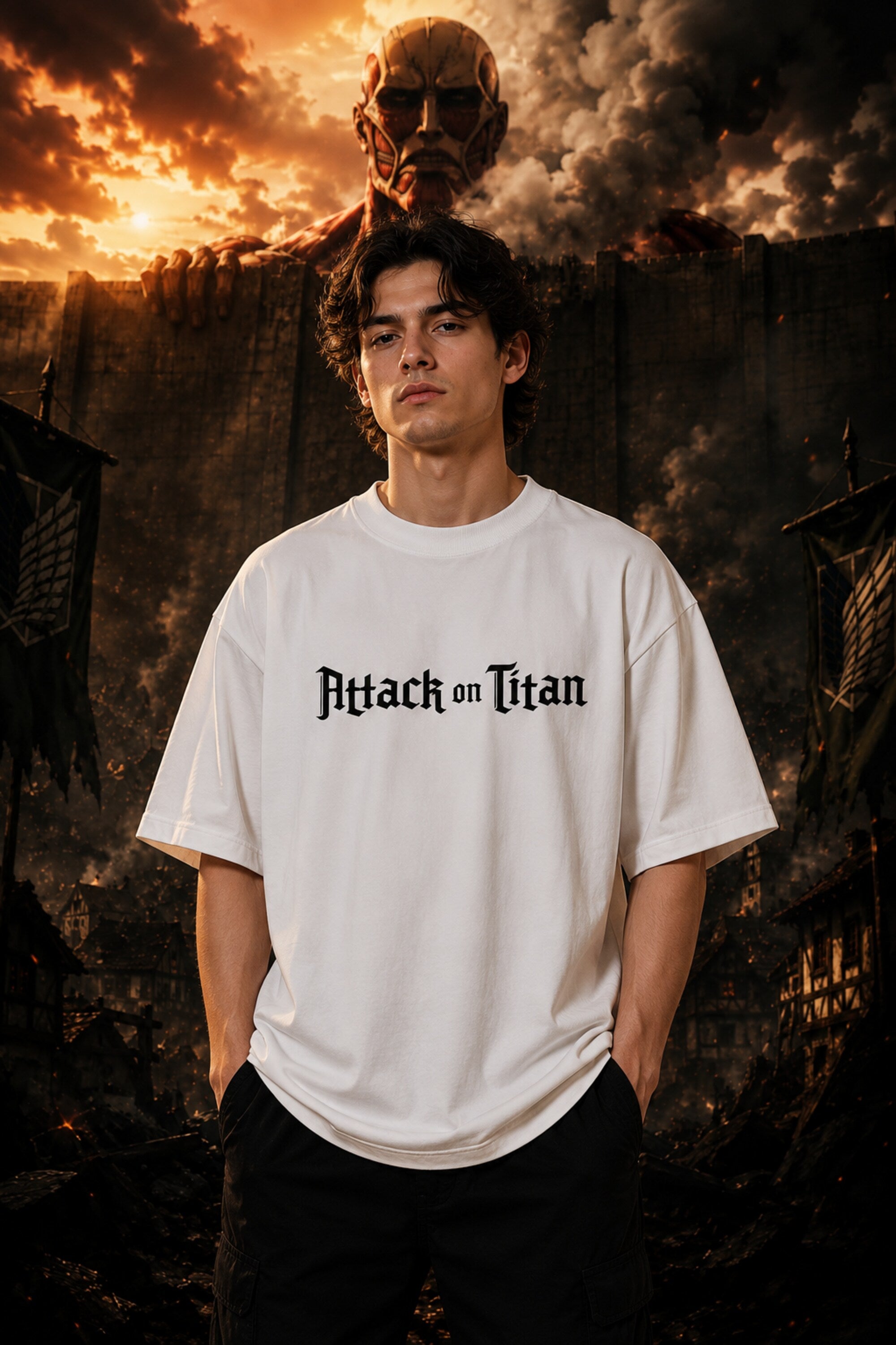 White oversized tshirt with Attack on Titan gothic font text print from AOT Shingeki no Kyojin anime - white