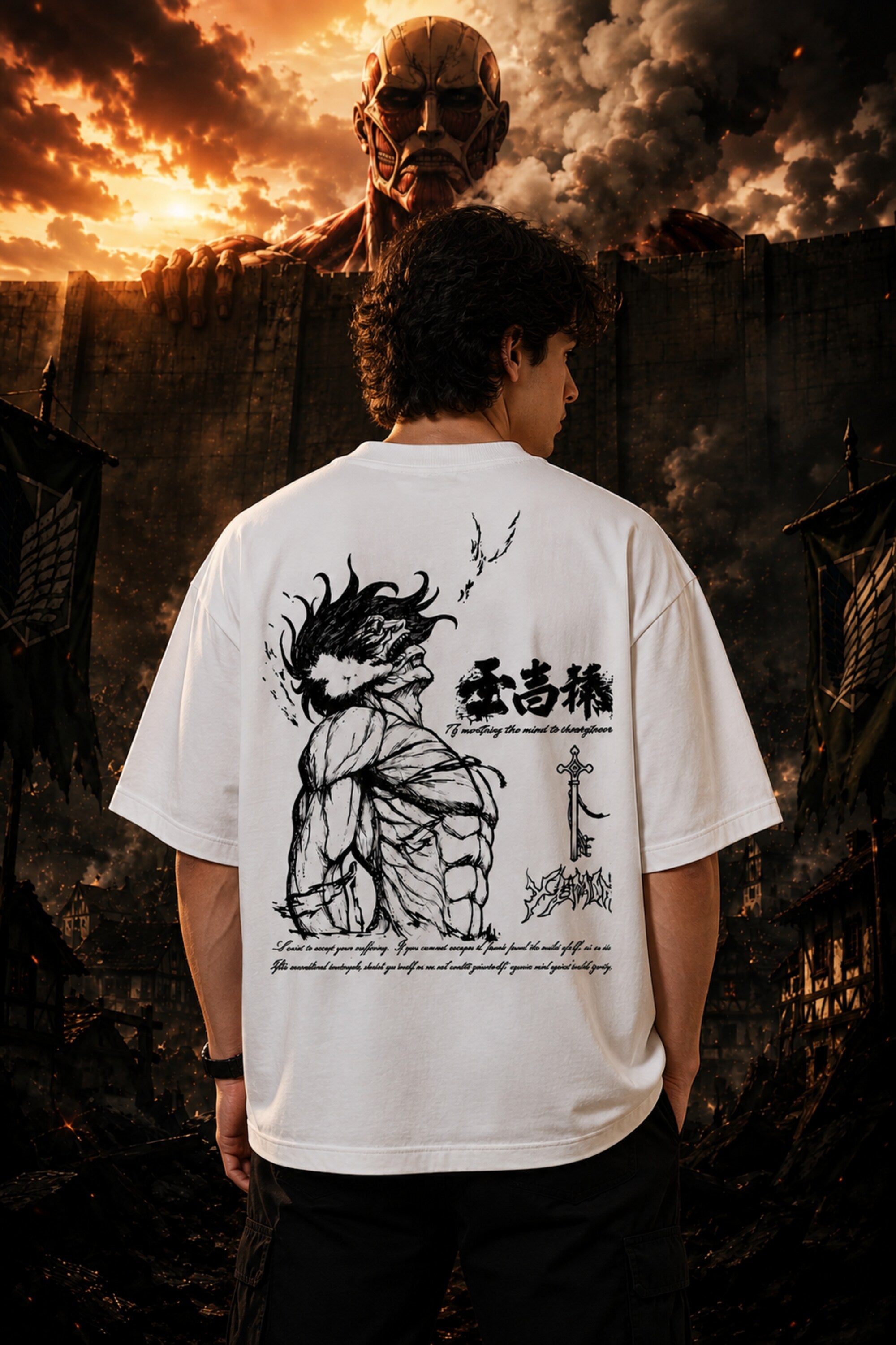 White oversized tshirt with Attack on Titan gothic font text print from AOT Shingeki no Kyojin anime
