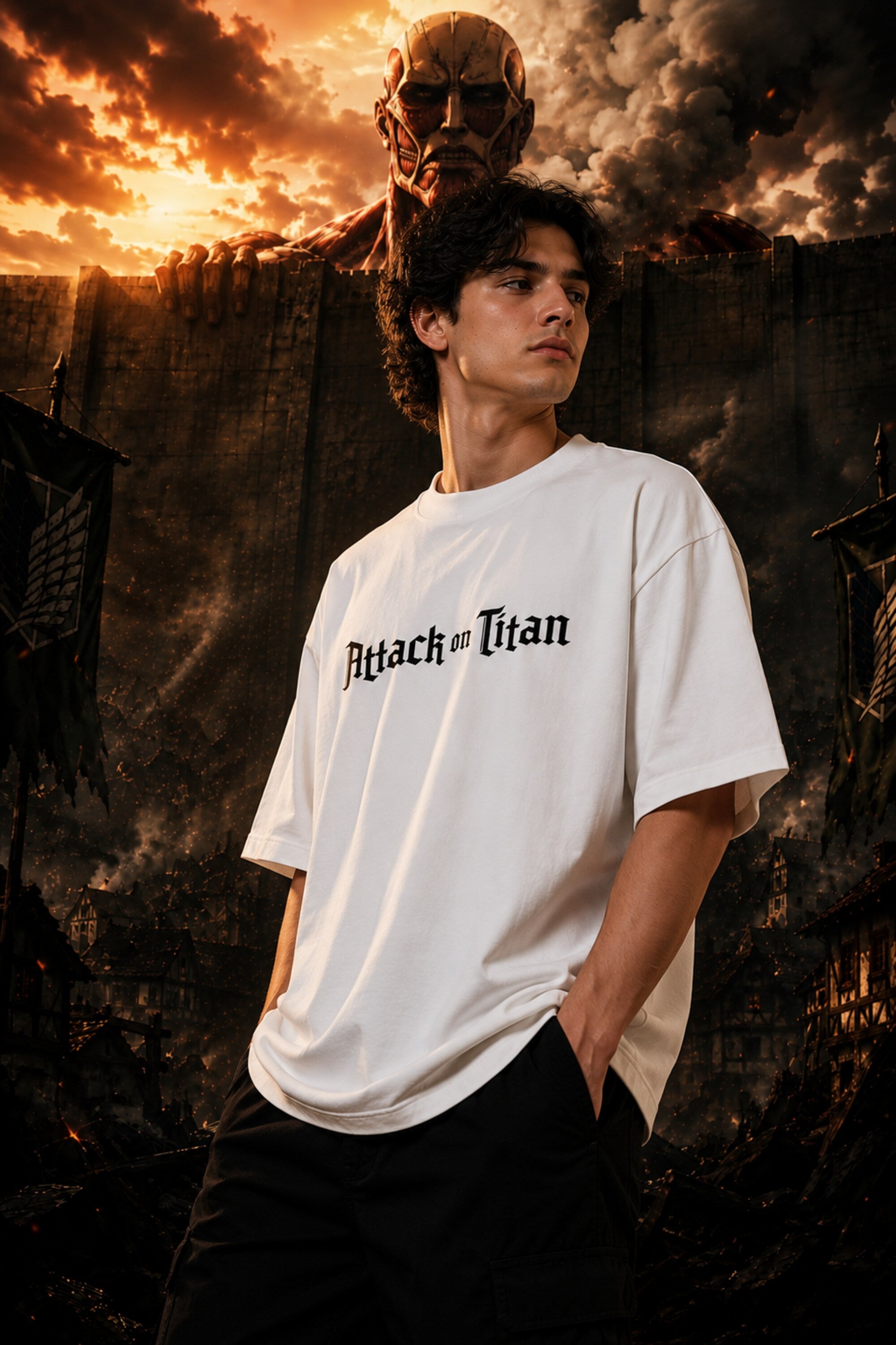 White oversized tshirt with Attack on Titan gothic font text print from AOT Shingeki no Kyojin anime