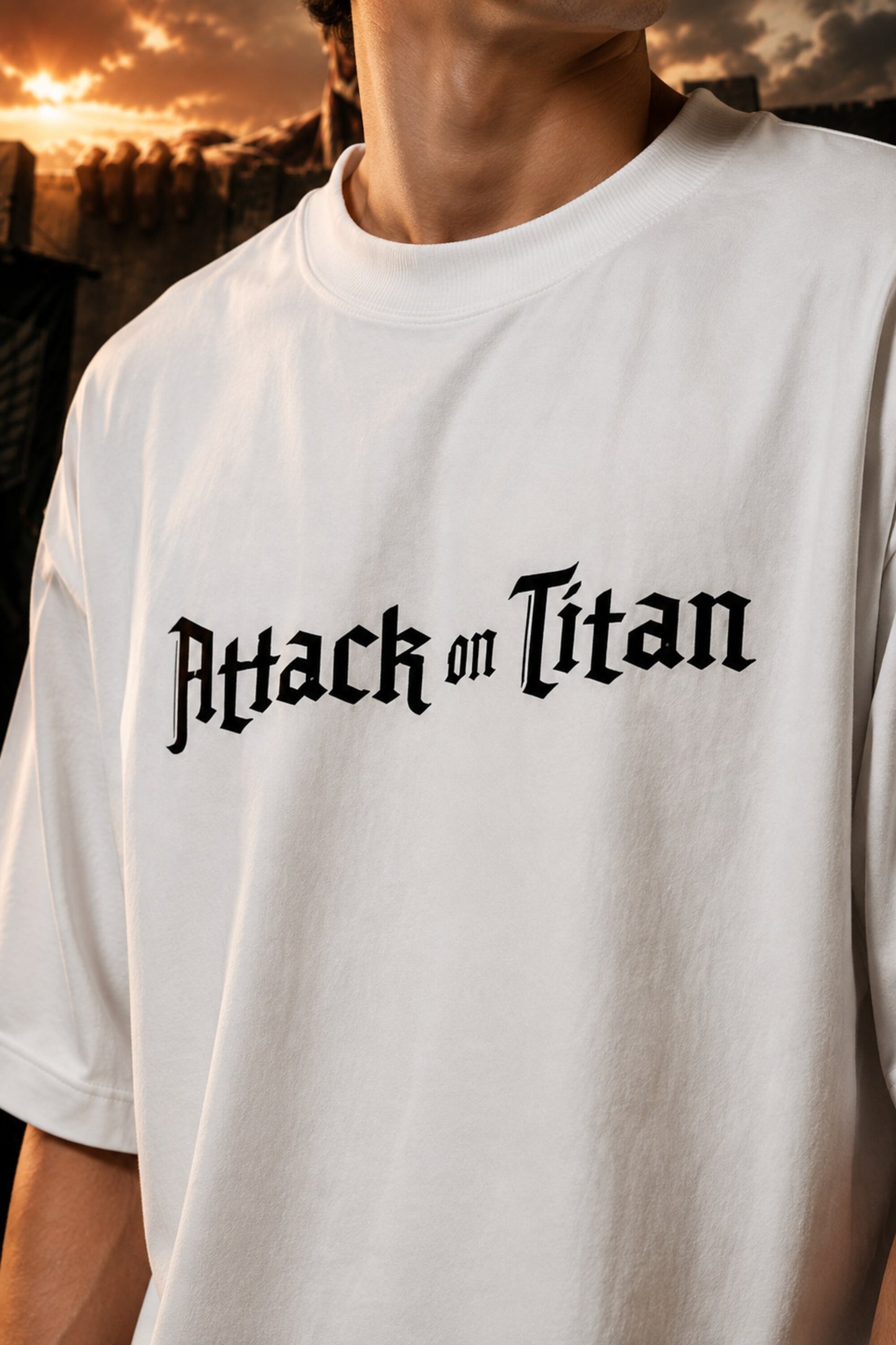 White oversized tshirt with Attack on Titan gothic font text print from AOT Shingeki no Kyojin anime