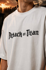 White oversized tshirt with Attack on Titan gothic font text print from AOT Shingeki no Kyojin anime