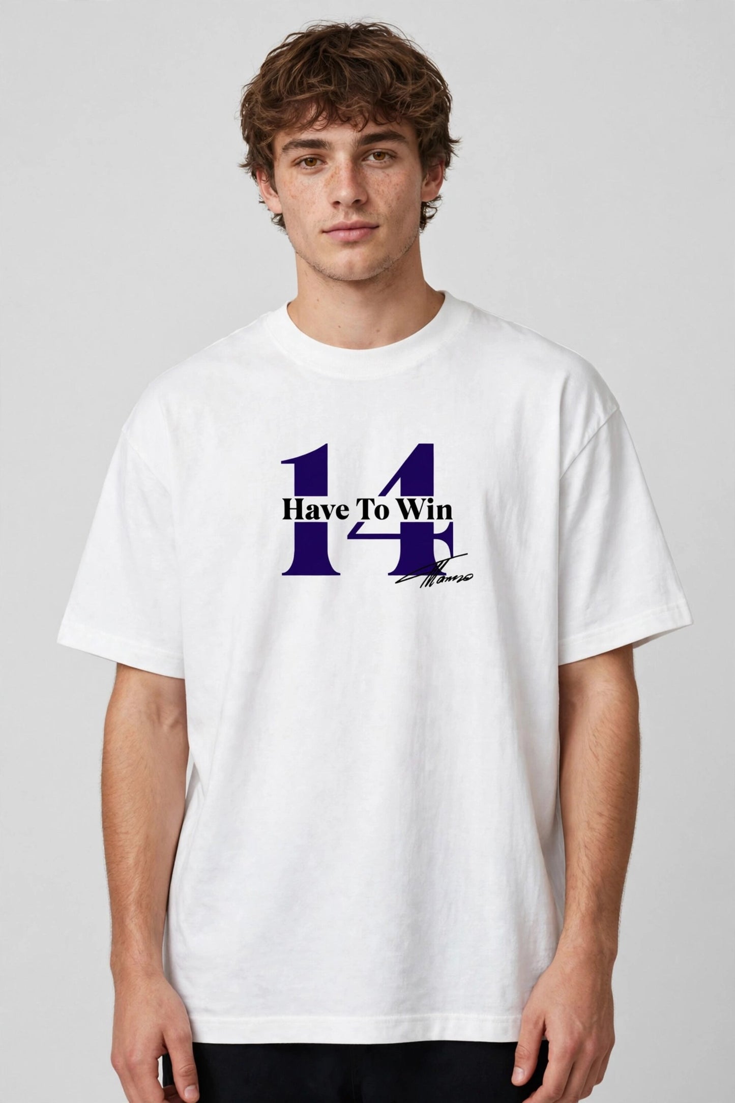 Model wearing white POPCASE Fernando Alonso oversized t shirt with navy blue crackled Have To Win 14 design and Alonso signature