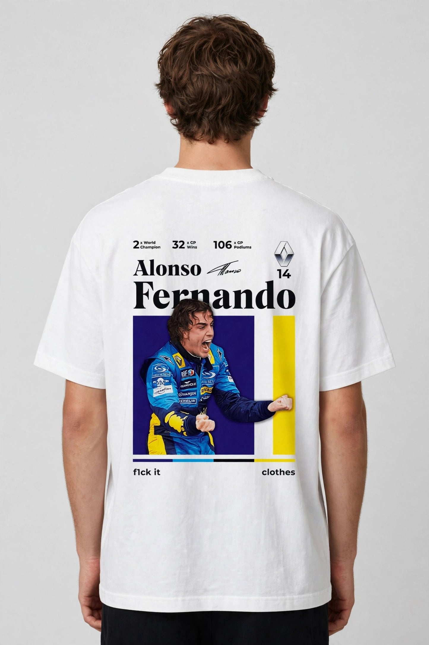 Model wearing white POPCASE Fernando Alonso oversized t shirt with navy blue crackled Have To Win 14 design and Alonso signature
