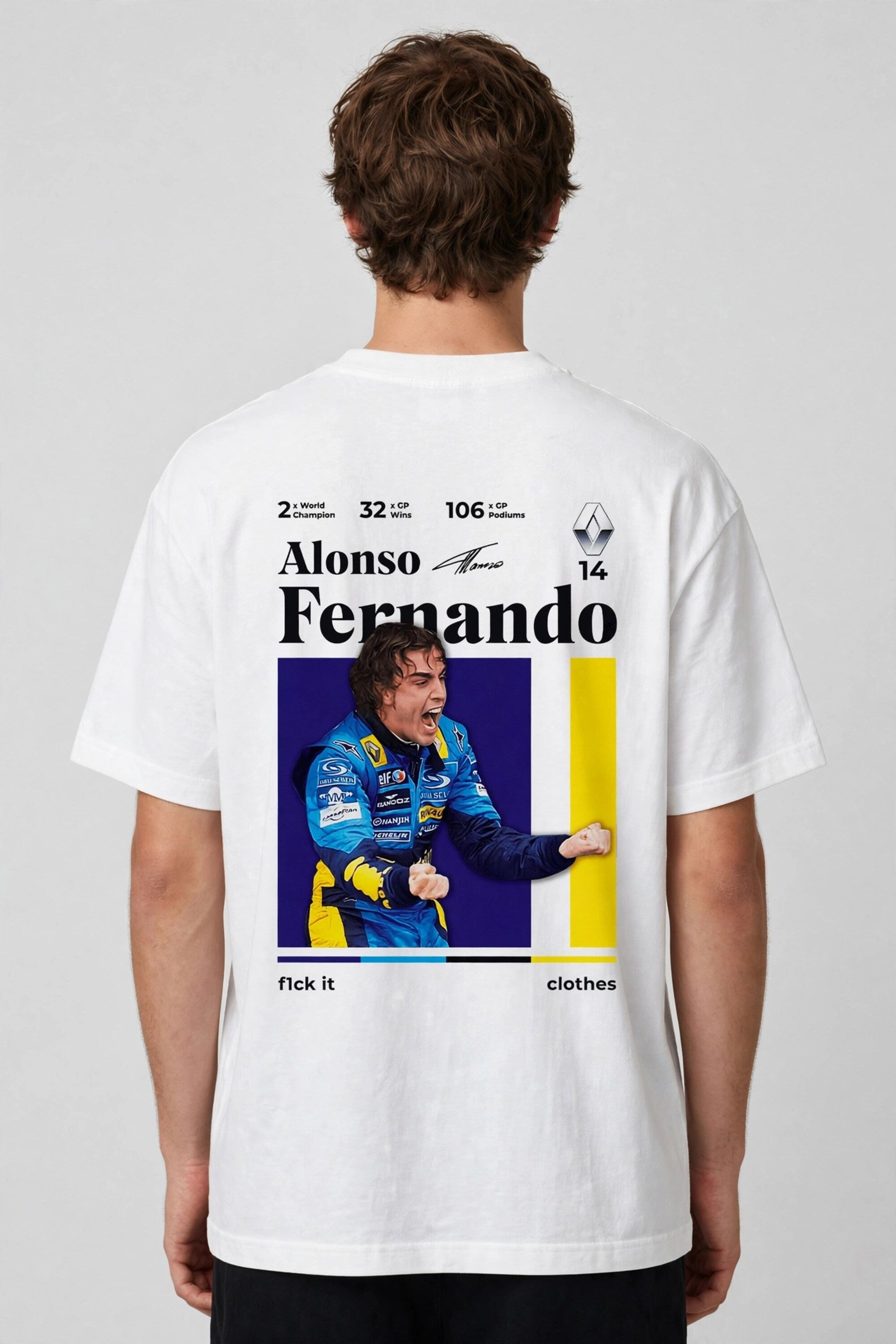 Model wearing white POPCASE Fernando Alonso oversized t shirt with navy blue crackled Have To Win 14 design and Alonso signature