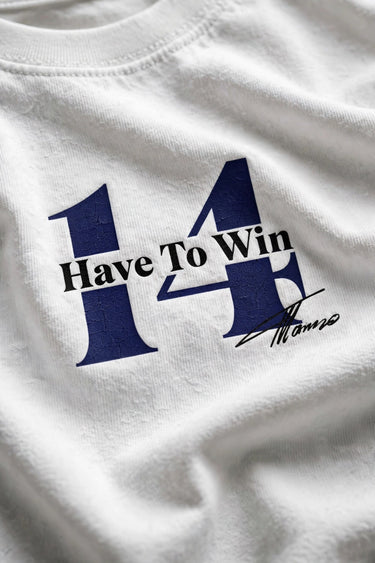 Model wearing white POPCASE Fernando Alonso oversized t shirt with navy blue crackled Have To Win 14 design and Alonso signature