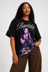 Black oversized tshirt with Baddie cursive script and purple-toned portrait photo print, drop shoulder boxy fit, India