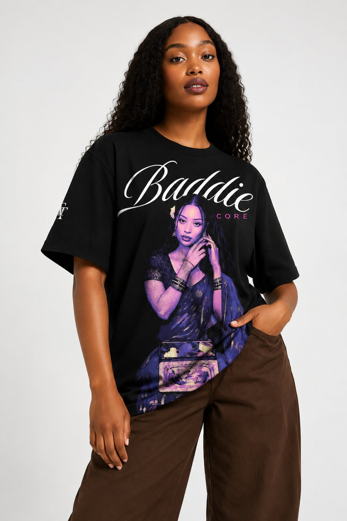 Black oversized tshirt with Baddie cursive script and purple-toned portrait photo print, drop shoulder boxy fit, India