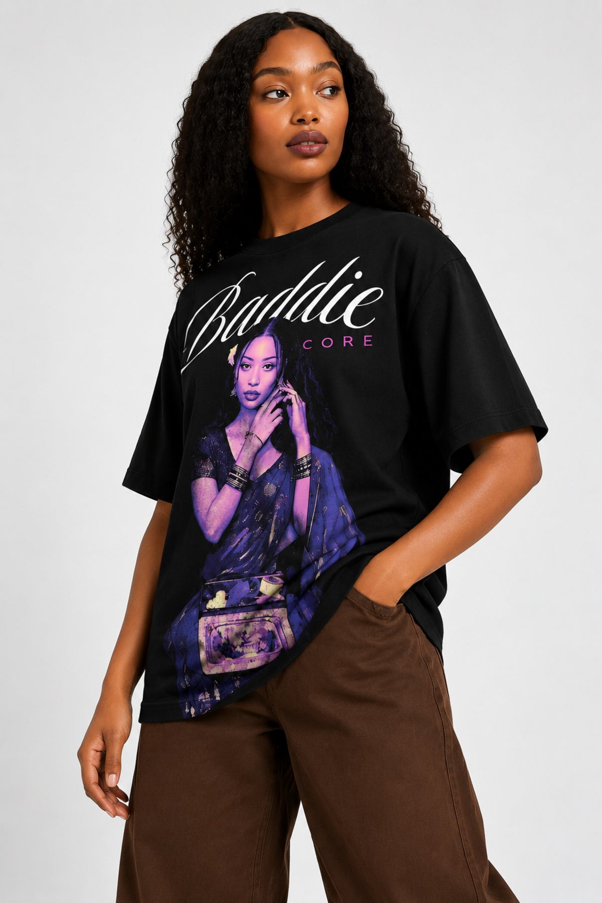 Black oversized tshirt with Baddie cursive script and purple-toned portrait photo print, drop shoulder boxy fit, India
