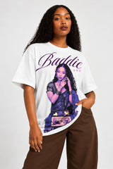 Black oversized tshirt with Baddie cursive script and purple-toned portrait photo print, drop shoulder boxy fit, India