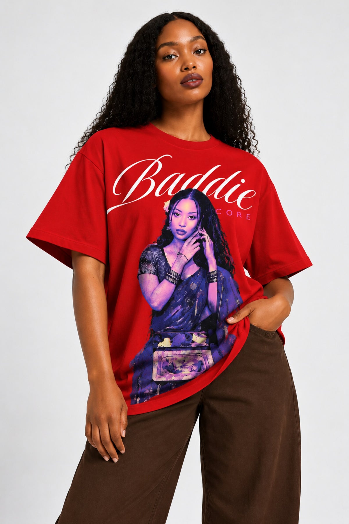 Black oversized tshirt with Baddie cursive script and purple-toned portrait photo print, drop shoulder boxy fit, India