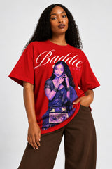 Black oversized tshirt with Baddie cursive script and purple-toned portrait photo print, drop shoulder boxy fit, India
