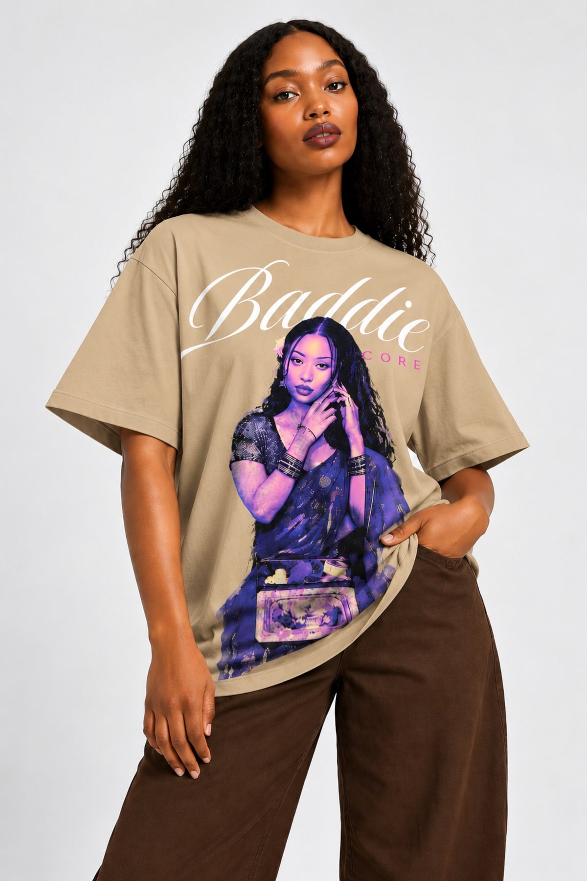 Black oversized tshirt with Baddie cursive script and purple-toned portrait photo print, drop shoulder boxy fit, India