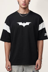 Black oversized tshirt with white Batman logo on chest and white wing panel sleeve details, drop shoulder boxy fit, men India