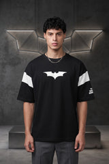 Black oversized tshirt with white Batman logo on chest and white wing panel sleeve details, drop shoulder boxy fit, men India