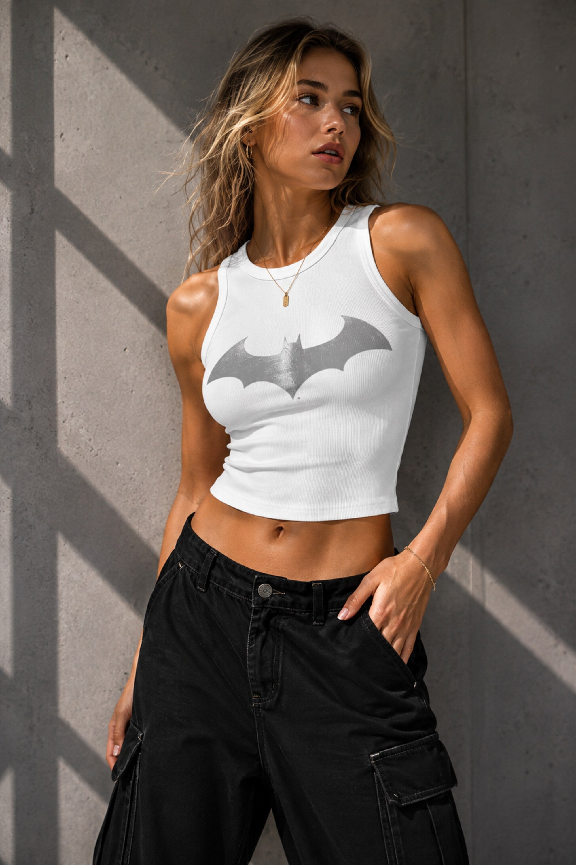 White ribbed crop tank top with iconic Batman bat symbol metallic silver grey center chest print DC Comics Y2K streetwear - white