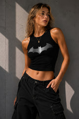 White ribbed crop tank top with iconic Batman bat symbol metallic silver grey center chest print DC Comics Y2K streetwear - black