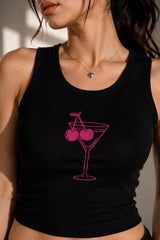 Black fitted ribbed crop tank top pink martini cocktail glass heart-eyed cherry graphic Y2K party girl aesthetic POPCASE women