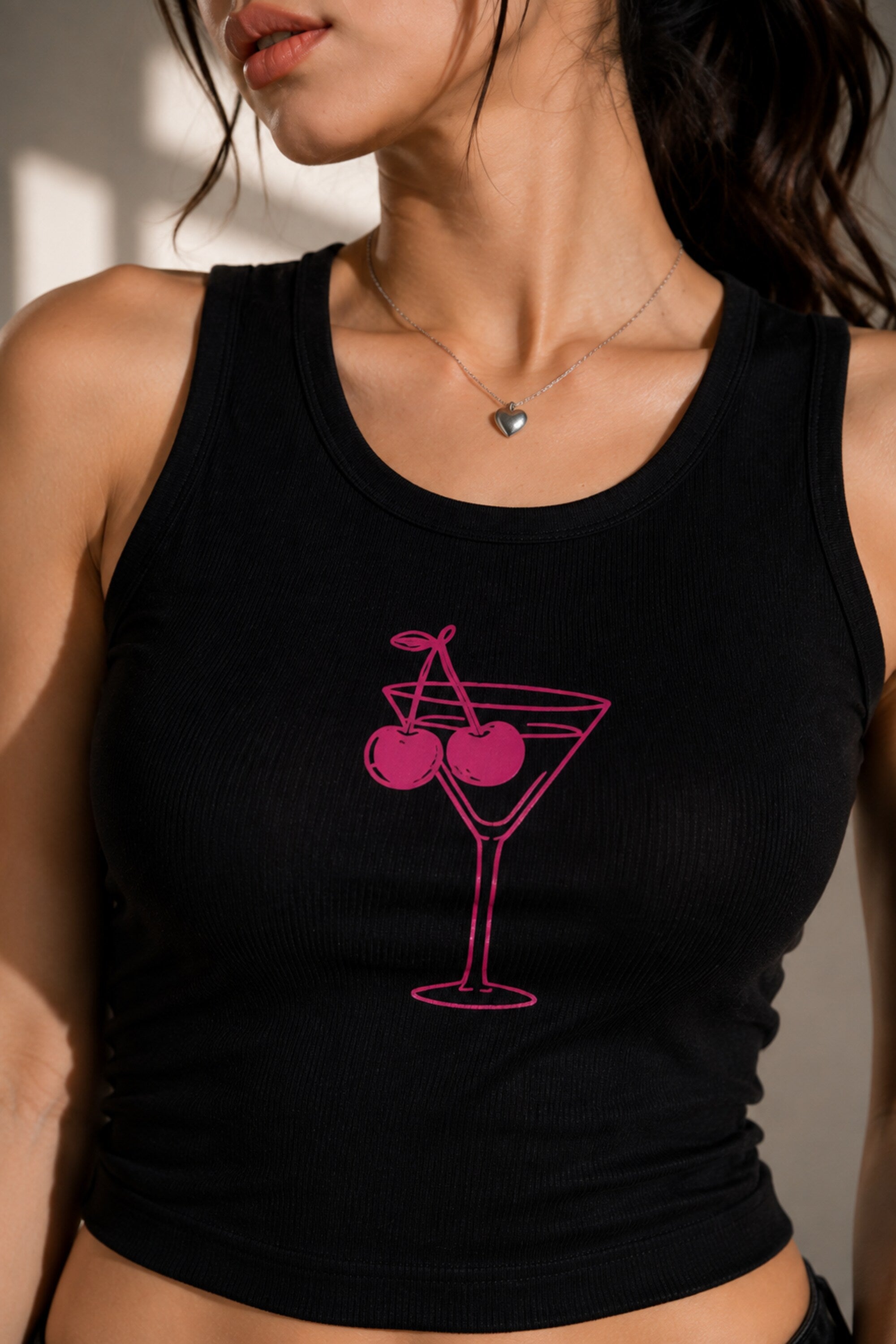 Black fitted ribbed crop tank top pink martini cocktail glass heart-eyed cherry graphic Y2K party girl aesthetic POPCASE women