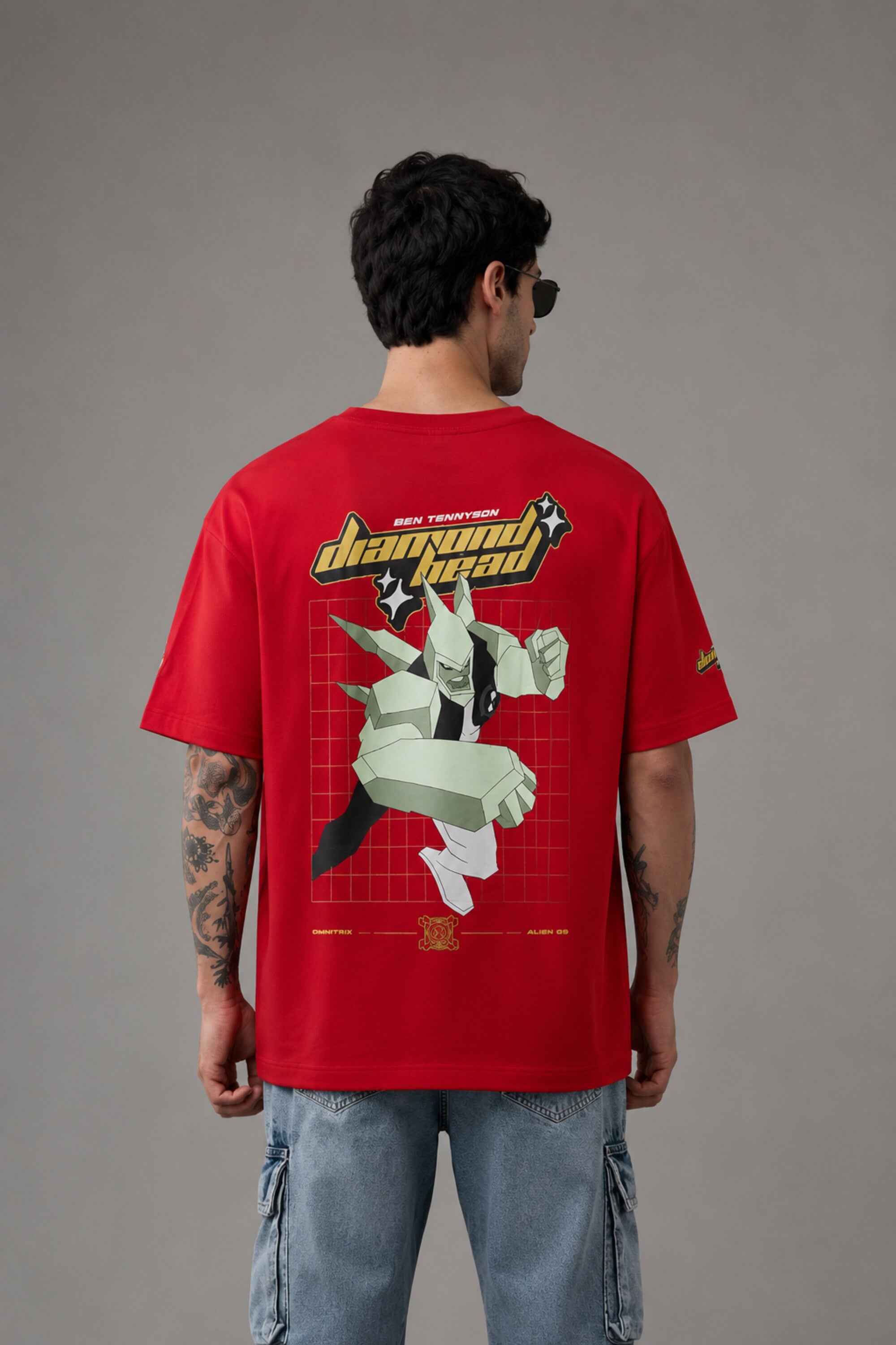 POPCASE red Ben 10 Diamondhead Omnitrix graphic oversized t shirt alien OS grid back print streetwear tshirt cartoon DTF