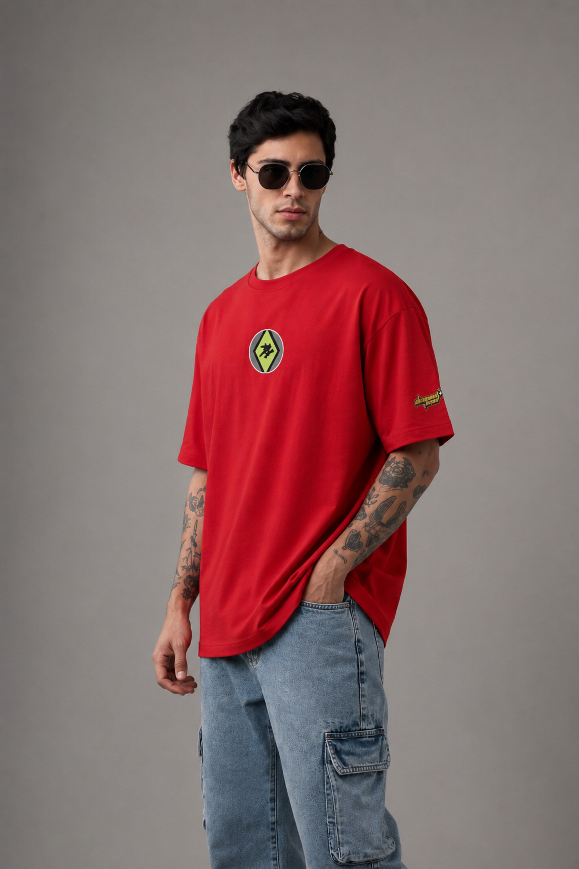 POPCASE red Ben 10 Diamondhead Omnitrix graphic oversized t shirt alien OS grid back print streetwear tshirt cartoon DTF