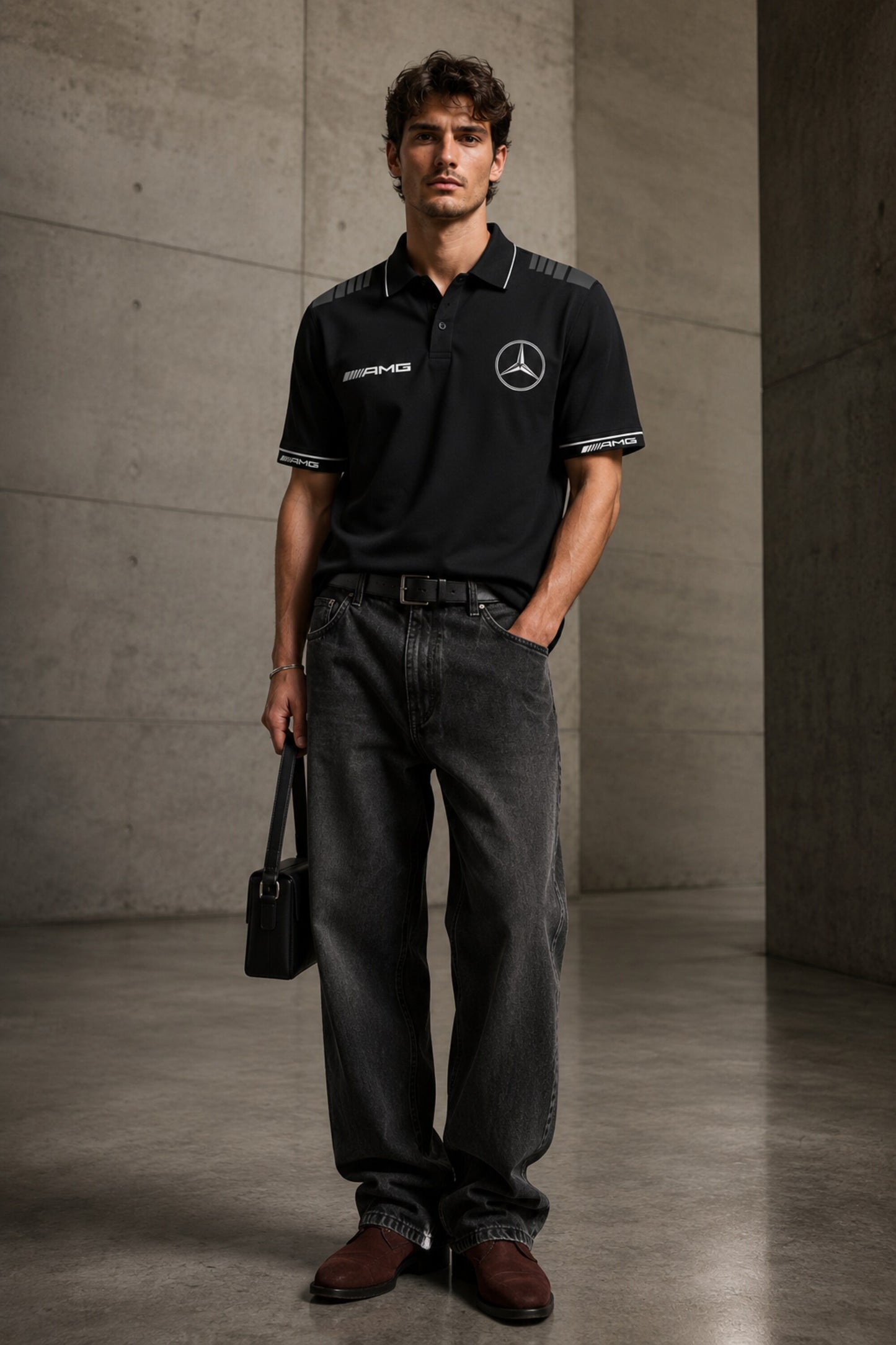 Black Mercedes-Benz AMG polo t-shirt with star logo, AMG branding and dark racing shoulder panel, motorsport India