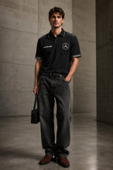 Black Mercedes-Benz AMG polo t-shirt with star logo, AMG branding and dark racing shoulder panel, motorsport India