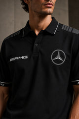 Black Mercedes-Benz AMG polo t-shirt with star logo, AMG branding and dark racing shoulder panel, motorsport India