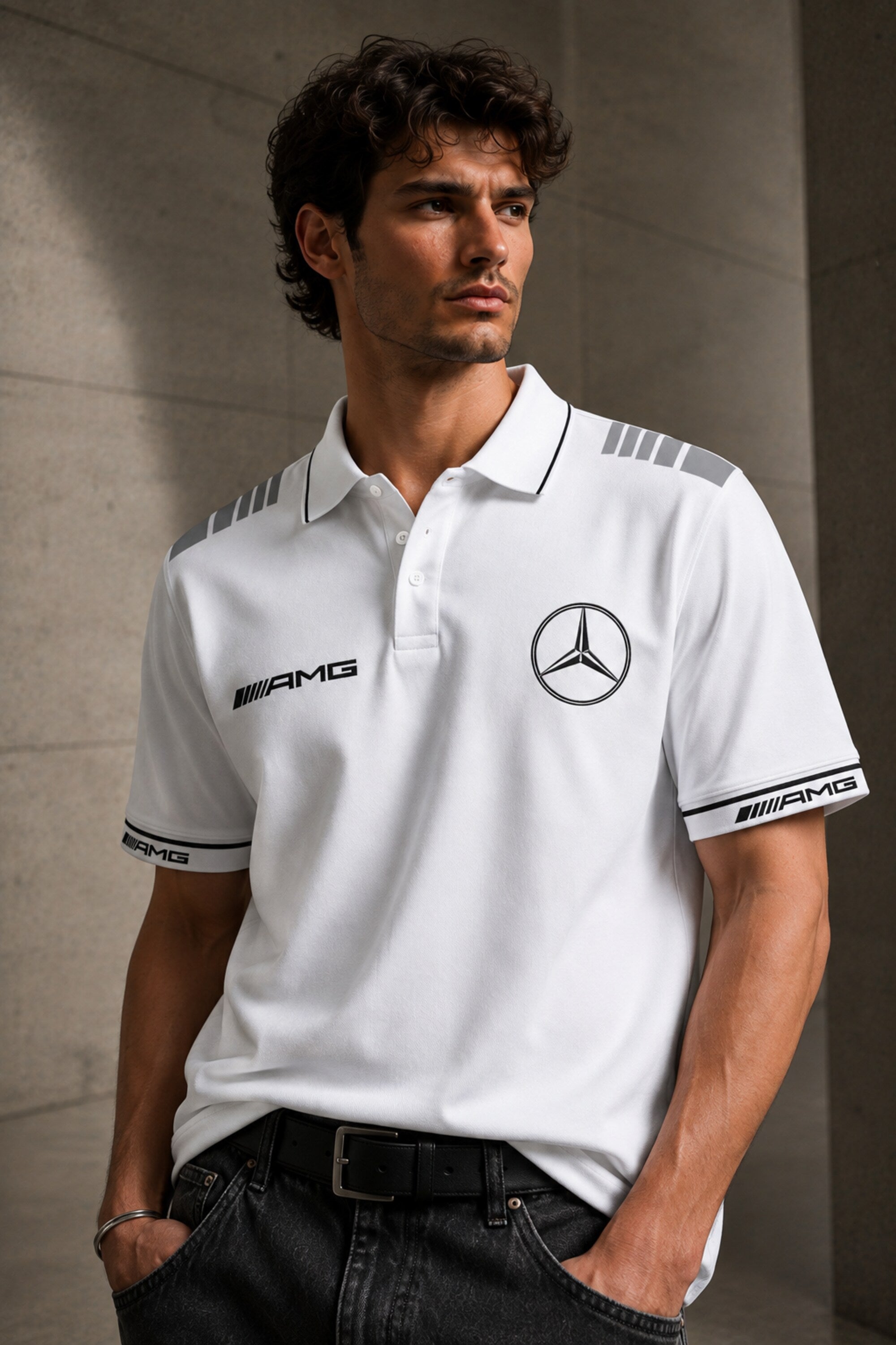 Black Mercedes-Benz AMG polo t-shirt with star logo, AMG branding and dark racing shoulder panel, motorsport India