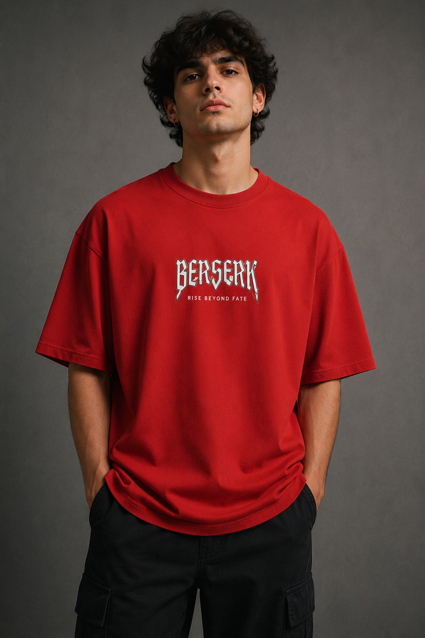 Black oversized t shirt with Berserk gothic chest print screaming skeleton Illusion of Fate anime horror chains back graphic by POPCASE streetwear - red