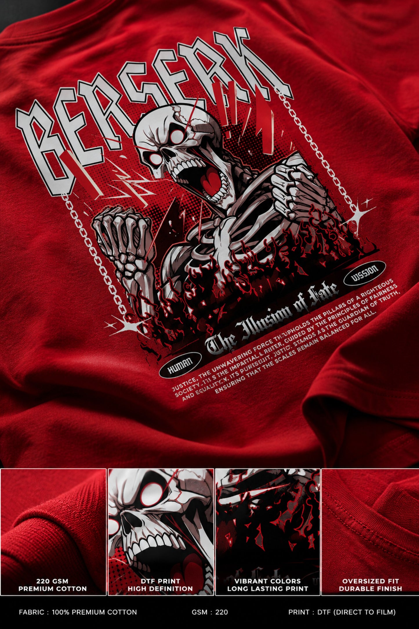 Black oversized t shirt with Berserk gothic chest print screaming skeleton Illusion of Fate anime horror chains back graphic by POPCASE streetwear
